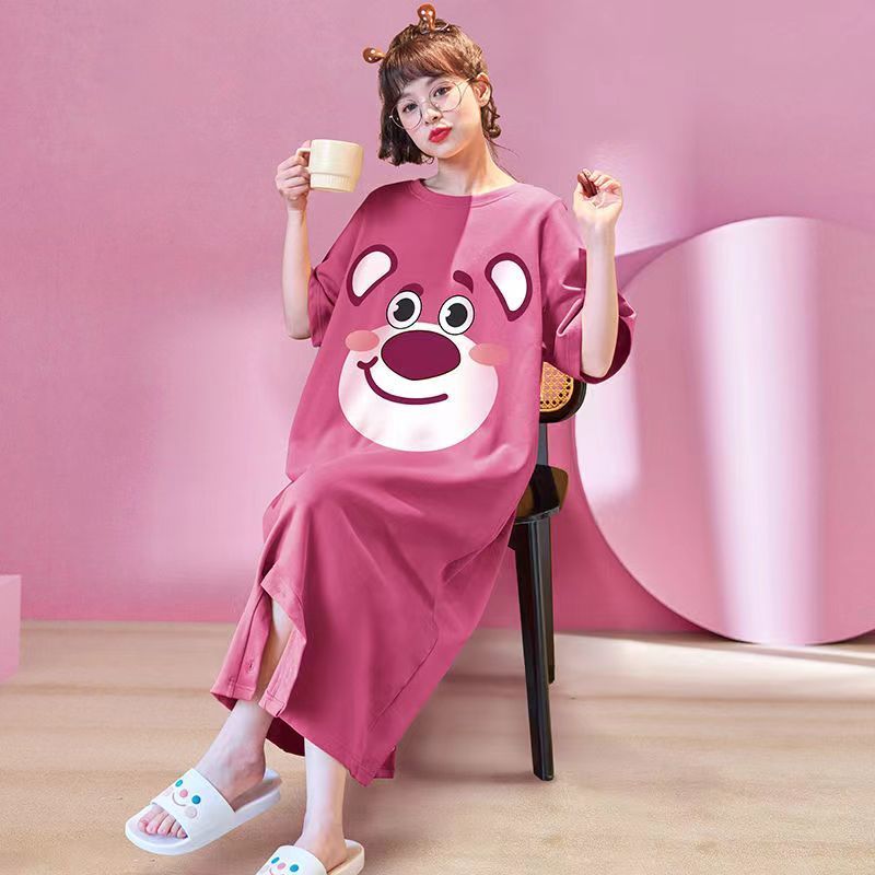 100% cotton one-piece pajamas women's short sleeve summer nightdress knee length suit can be worn outside cartoon home clothes