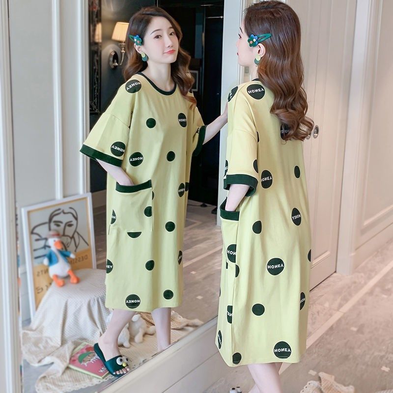 100@cotton nightdress female summer short-sleeved large size loose Korean pajamas fat mm200 catty summer pregnant women can wear outside