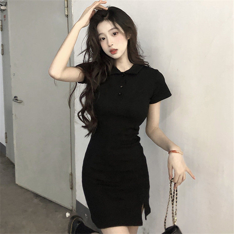 Pure desire style sexy Polo collar bag hip skirt dress waist slimming 2023 summer new pure color hot girl skirt