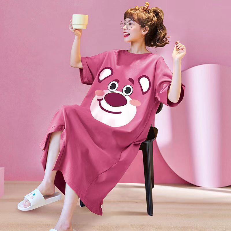 100% cotton one-piece pajamas women's short sleeve summer nightdress knee length suit can be worn outside cartoon home clothes