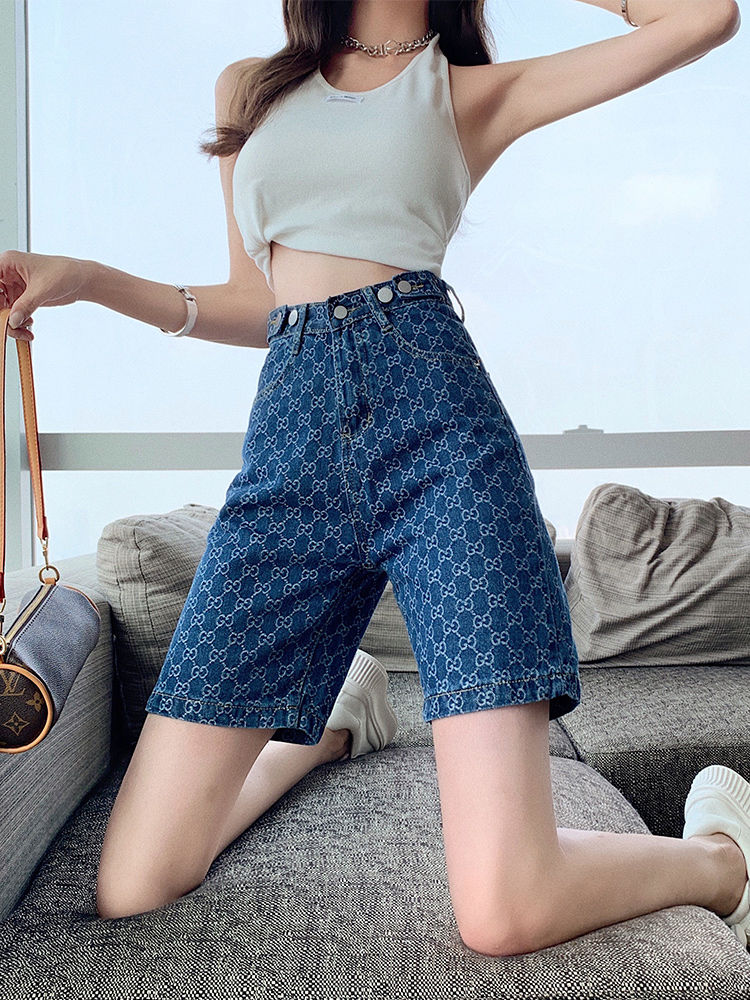 High-waisted denim mid-pants women's summer thin 2023 new pattern pattern five-quarter pants loose straight hem shorts