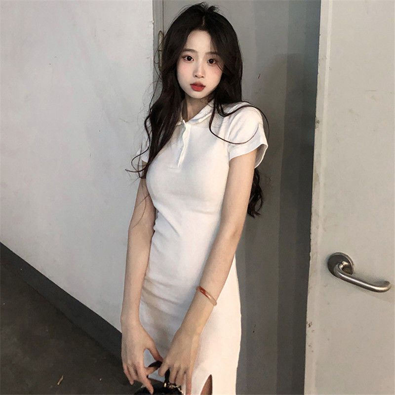 Pure desire style sexy Polo collar bag hip skirt dress waist slimming 2023 summer new pure color hot girl skirt