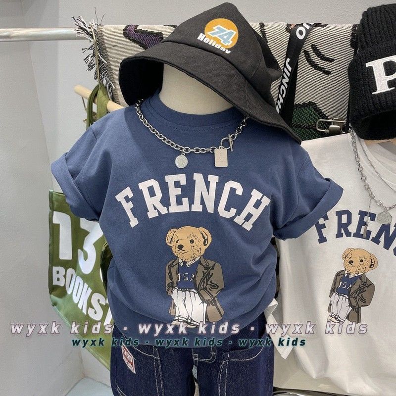 The new bear print short-sleeved T-shirt pure cotton  summer boys and girls round neck with Korean version of the bottoming T for children