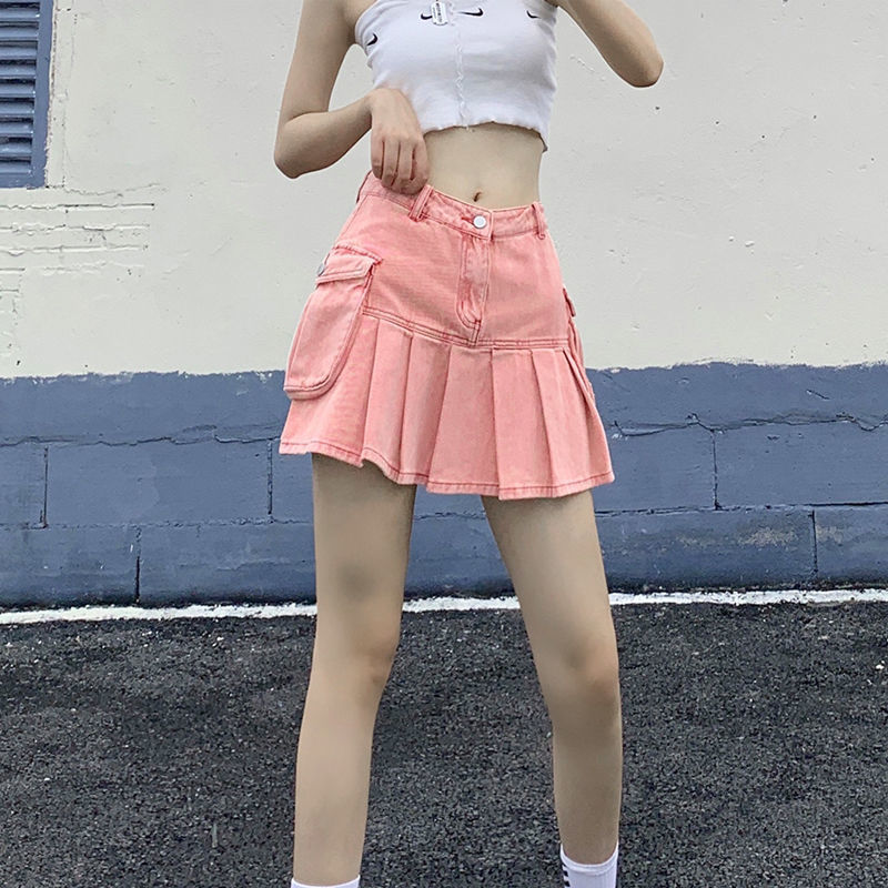Design sense pink denim short skirt female summer ins hot girl high waist slim pleated skirt a-line skirt trendy