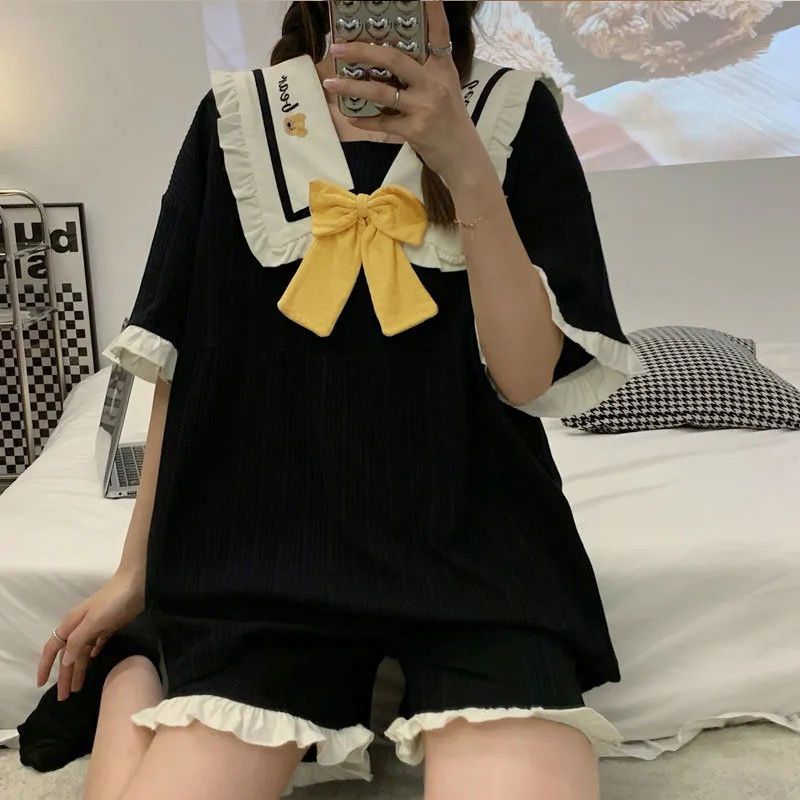 睡衣女學生娃娃領兩件套2022夏季新款短袖短褲家居服套裝可外穿