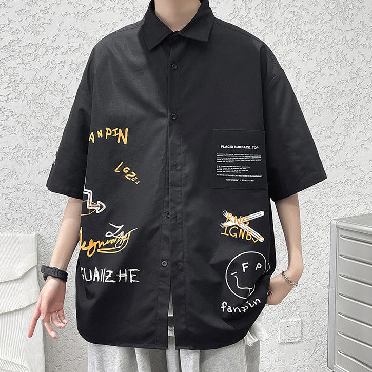 Hong Kong style short-sleeved shirt men's loose ins casual all-match graffiti print ruffian handsome half-sleeved shirt jacket men's summer