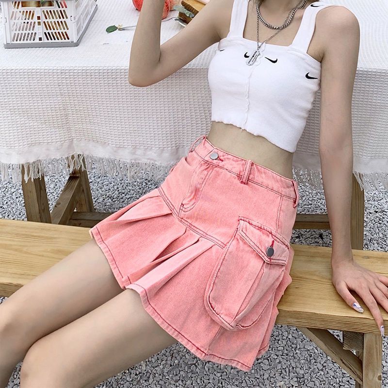 Design sense pink denim short skirt female summer ins hot girl high waist slim pleated skirt a-line skirt trendy