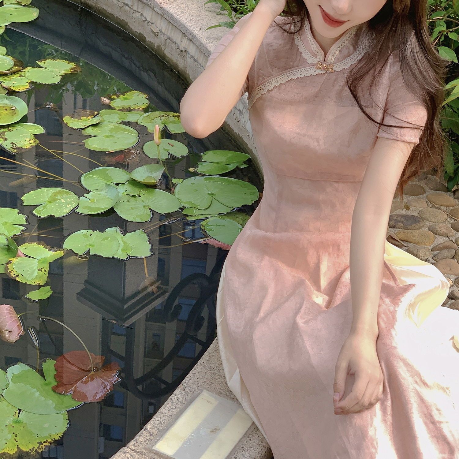 粉色連衣裙溫柔風高級感旗袍年輕少女款仙女裙子氣質超仙2022新款