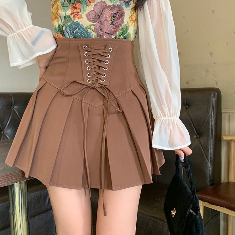 Khaki A-line Half-length Skirt High Waist Strap Pleated Skirt for Women  Autumn/Winter New Design Sense Small Minority Short Skirt Children