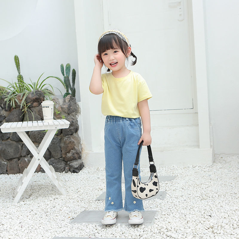 Girls bell-bottom pants summer thin section baby fashionable loose daisy pants children's flared casual jeans tide