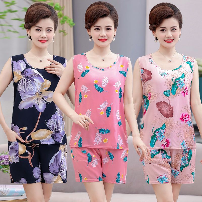 Mother's wear summer pajamas cotton silk home service suit middle-aged and elderly women's sleeveless vest shorts artificial cotton two-piece set