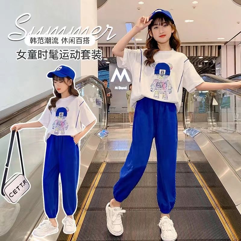 女童夏裝運動套裝2022夏款洋氣網紅休閒寬鬆短袖中大童時髦兩件套