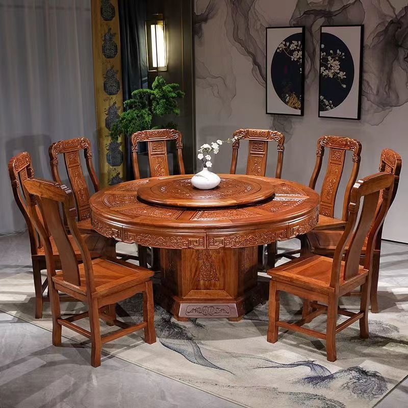 花梨木餐台红木圆形餐桌椅组合吃饭桌子高档雕花实木圆桌古典家具