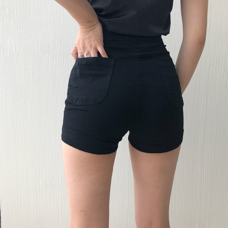 Buttocks black denim shorts women 2023 new elastic high waist thin straight tube net red pants bag hip hot pants trendy
