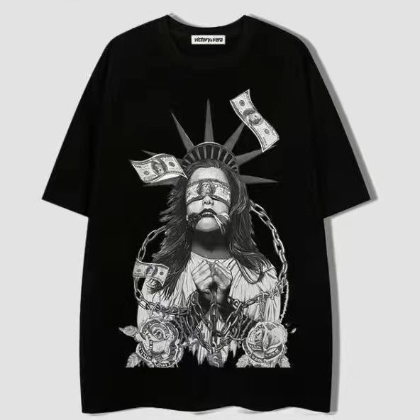 100% cotton Hong Kong style dark black image printed short-sleeved T-shirt men's  summer American retro hip-hop half-sleeved ins