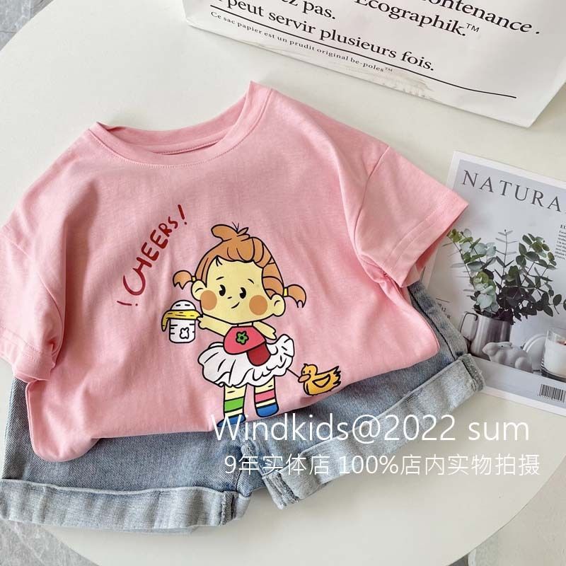 Girls cartoon short-sleeved T-shirt  summer baby girl pure cotton thin sweet round neck casual Korean version loose foreign style