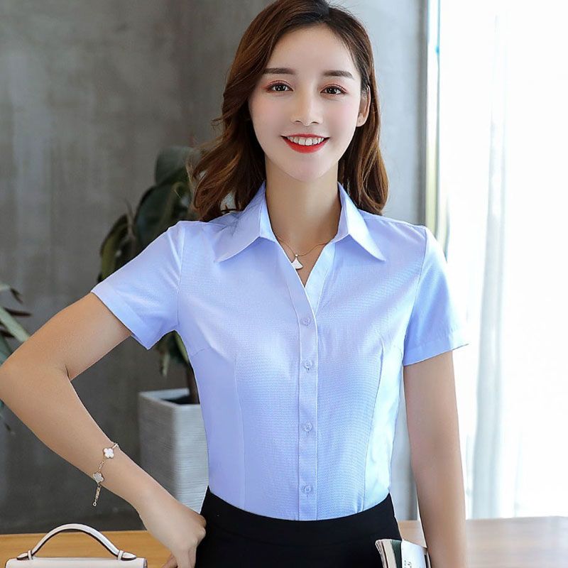 春夏新款短袖女士白色衬衫v领职业正装长袖蓝衬衣韩版工作服