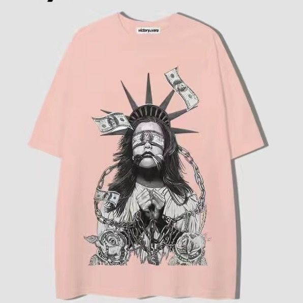 100% cotton Hong Kong style dark black image printed short-sleeved T-shirt men's  summer American retro hip-hop half-sleeved ins