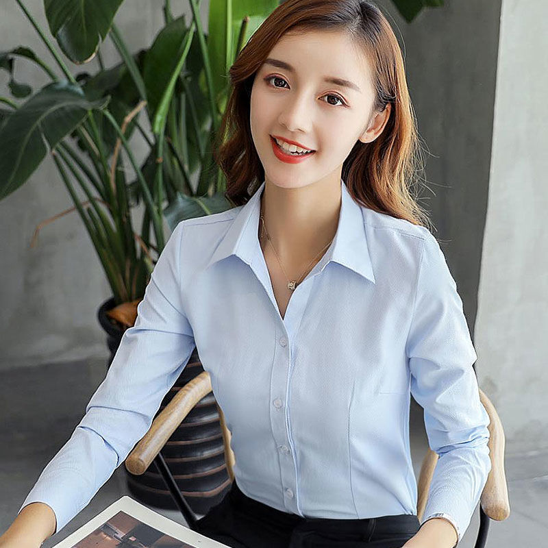2023春夏新款短袖女士白色衬衫v领职业正装长袖蓝衬衣韩版工作服