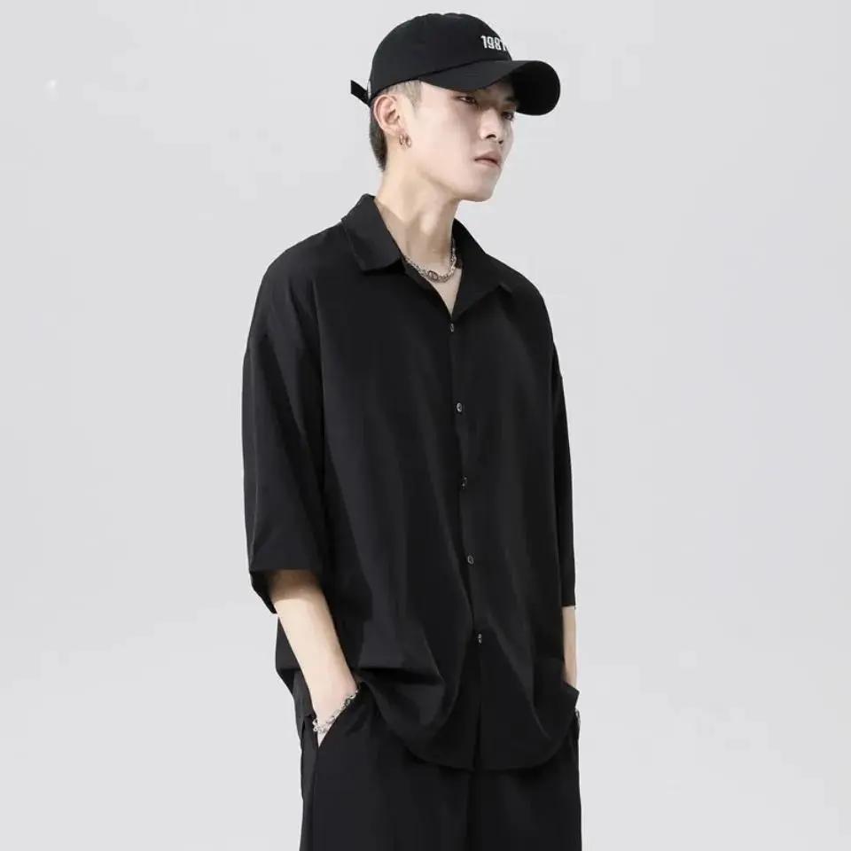 Ice silk short-sleeved shirt male Korean style ruffian handsome thin shirt loose ins Hong Kong style all-match casual matching suit tide