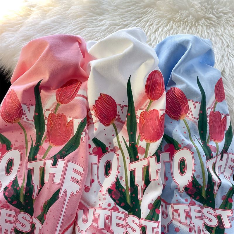 Hong Kong style pink sweet cool tulip short-sleeved t-shirt female 2022 new design couple summer dress 100 pure cotton top