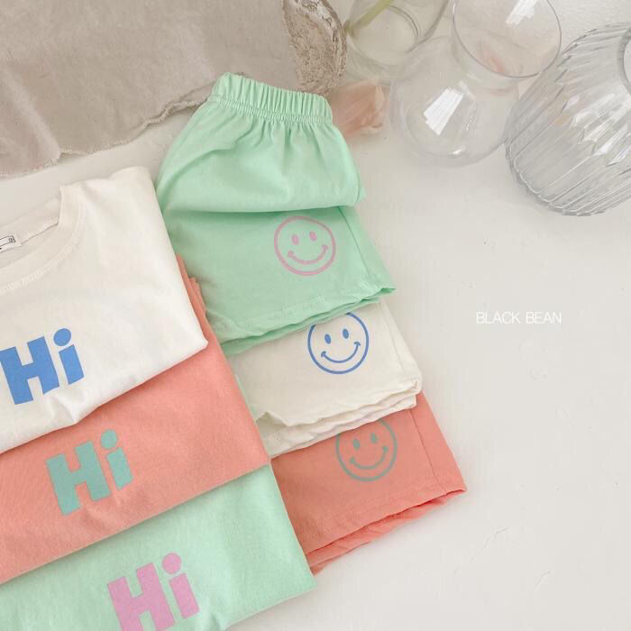 Infants and children's clothing candy color Korean casual short-sleeved suit letter smiley T-shirt shorts two-piece set