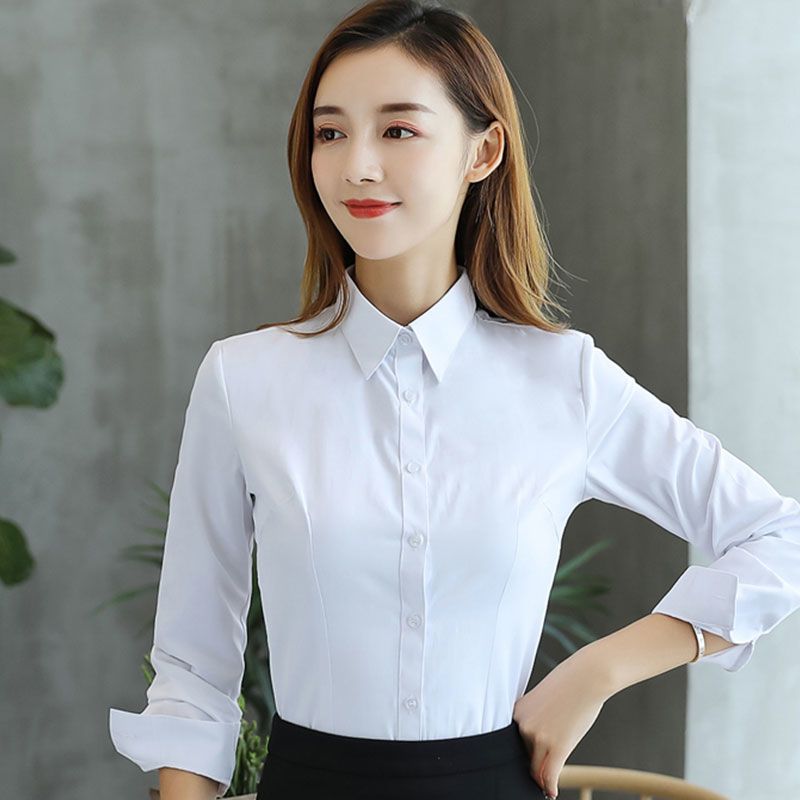 春夏新款短袖女士白色衬衫v领职业正装长袖蓝衬衣韩版工作服