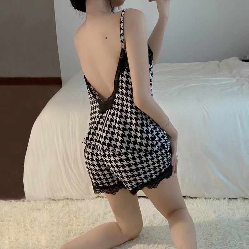 Large size 2-300 catties fat MM casual lace backless sexy houndstooth pajamas with chest pad sling set