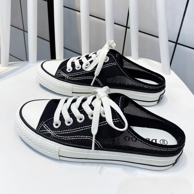 Summer mesh breathable semi-trail canvas shoes female students 2022 Korean version casual slip-on heelless lazy skate shoes