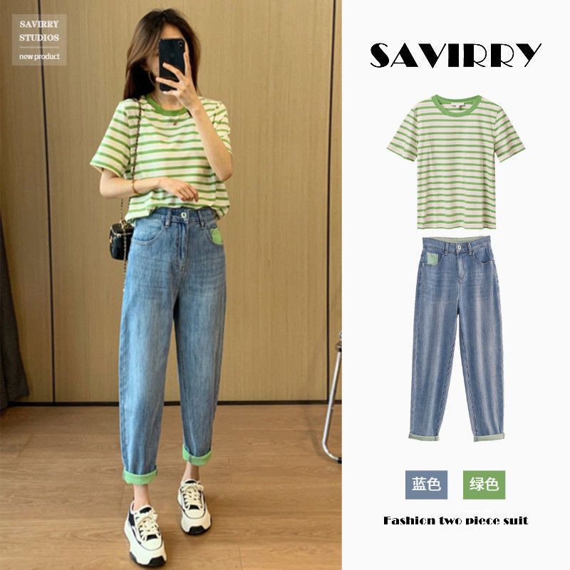 夏季套裝女2022新款大碼微胖mm顯瘦遮肉輕熟鹽系穿搭上衣兩件套裝