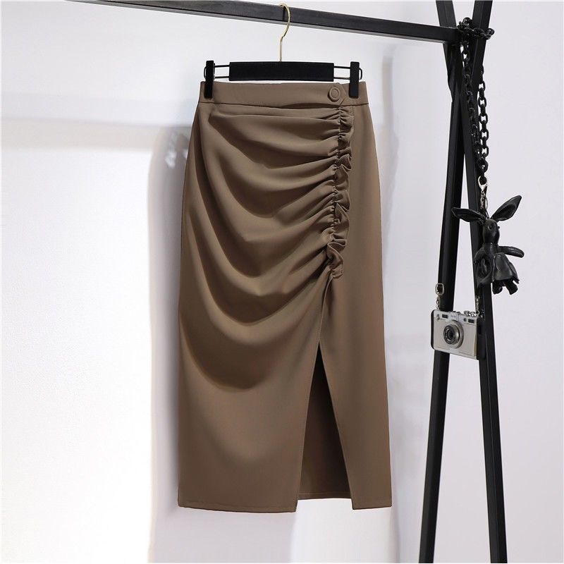 Irregular slit skirt women's mid-length summer design sense niche high waist a-line bag hip skirt one step skirt