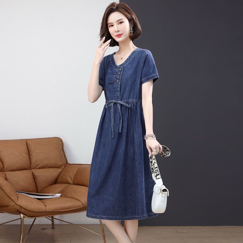 Denim dress women's summer 2023 new temperament casual plus size mother mid-length explosive style shirt skirt thin