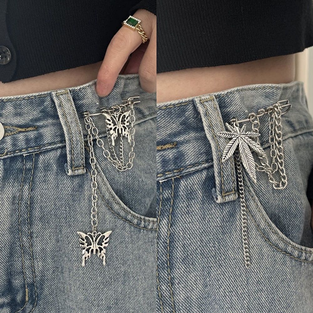 The waist of the pants has been greatly changed. The waist is small. It is a magic tool. Women's Korean ins are versatile. Chain metal pins. Butterfly decoration. Simple brooch