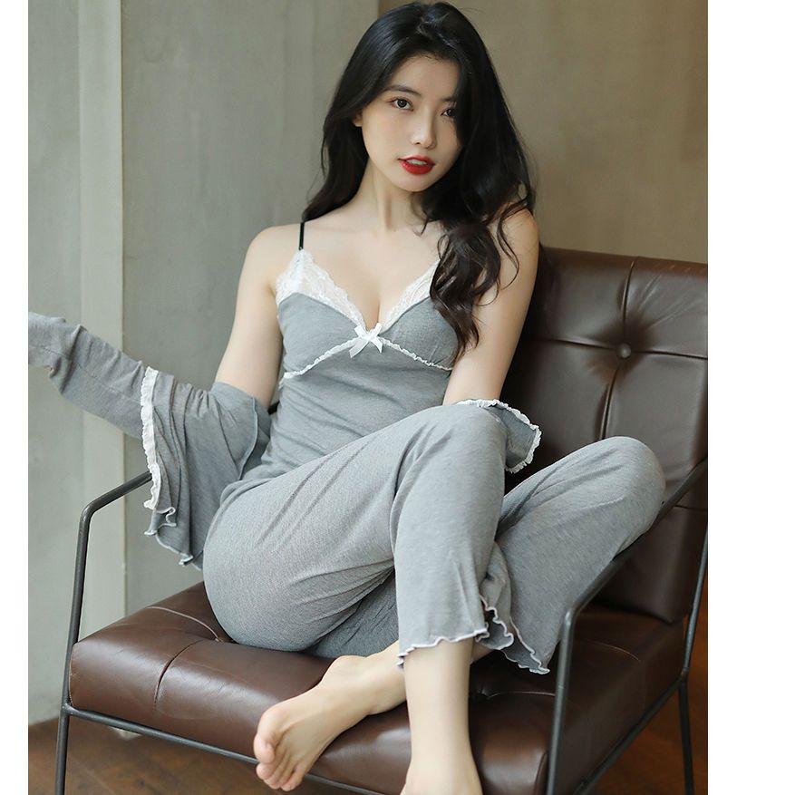 Modal Cotton Spring and Summer Pajamas Feminine Lazy Style Casual Belt Pad Can Be Worn Three-piece Spring and Autumn Homewear