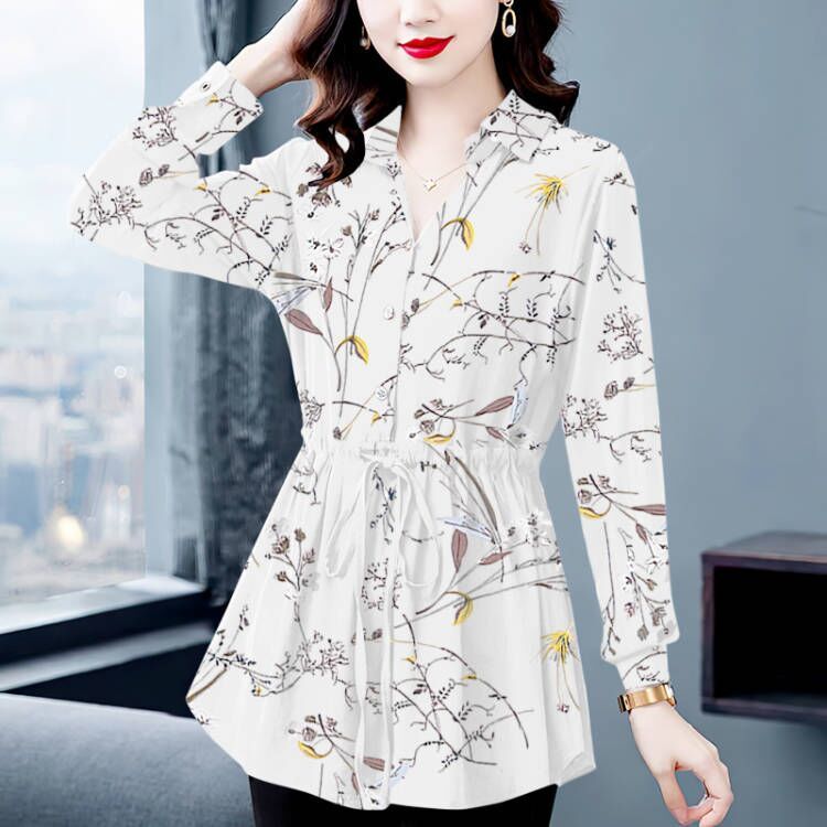 寬鬆雪紡衫長袖上衣女裝2023春秋新款中長款襯衫V領T恤媽媽裝春裝