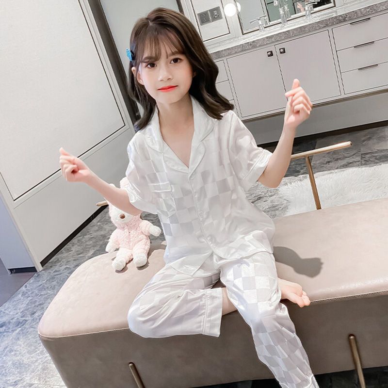 Girls ice silk pajamas thin section short-sleeved summer children's silk home clothes spring and autumn girls silk suits