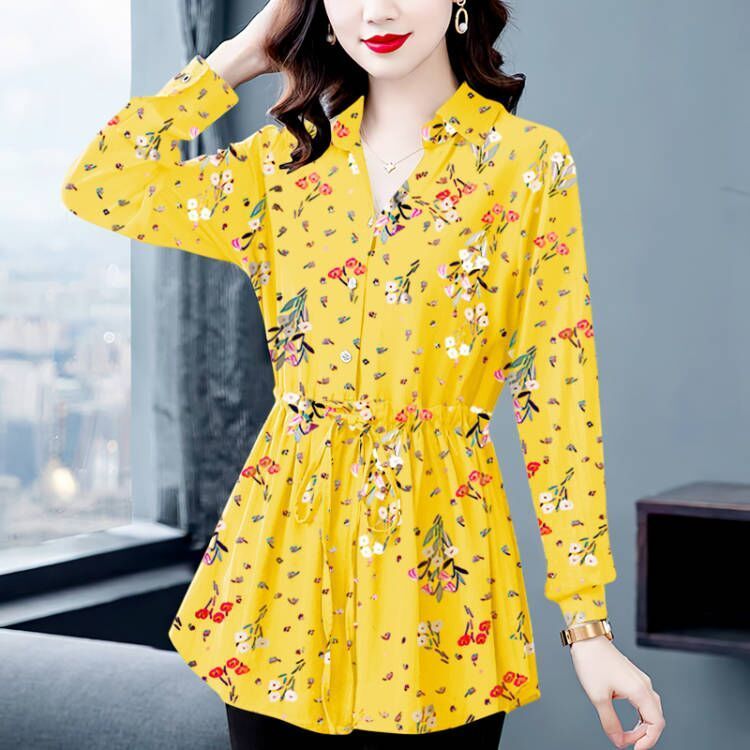 長袖T恤女裝2022春秋新款潮設計感小眾中長款上衣遮肚子V領雪紡衫