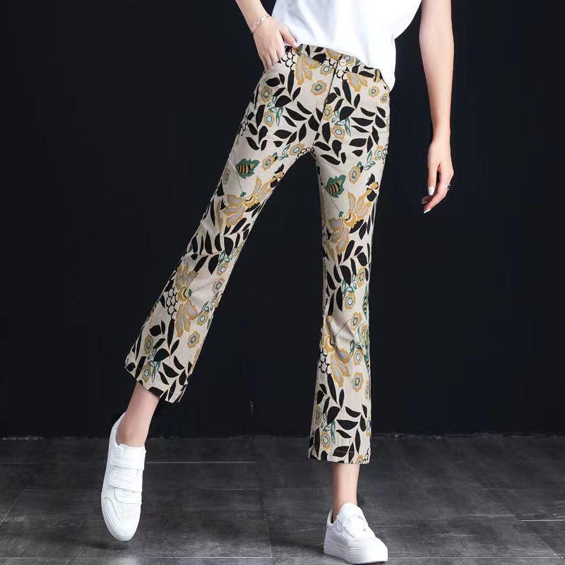 Flower pants women's fashion summer thin  new micro flare pants women's 7 / 8 small slim flare pants