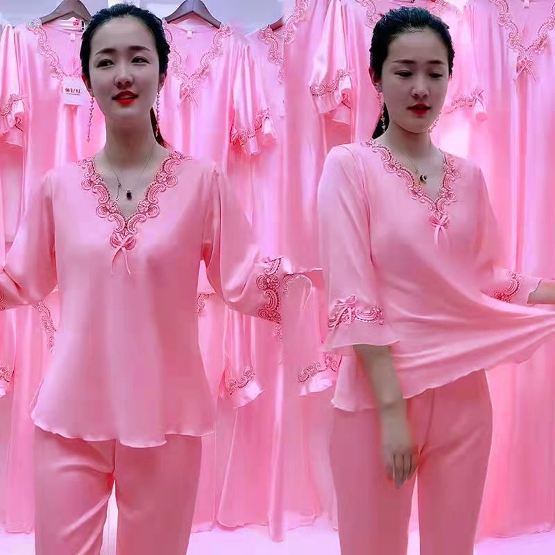 Large size silk pajamas women summer short-sleeved thin section ice silk loose sexy dress nightdress summer home service women