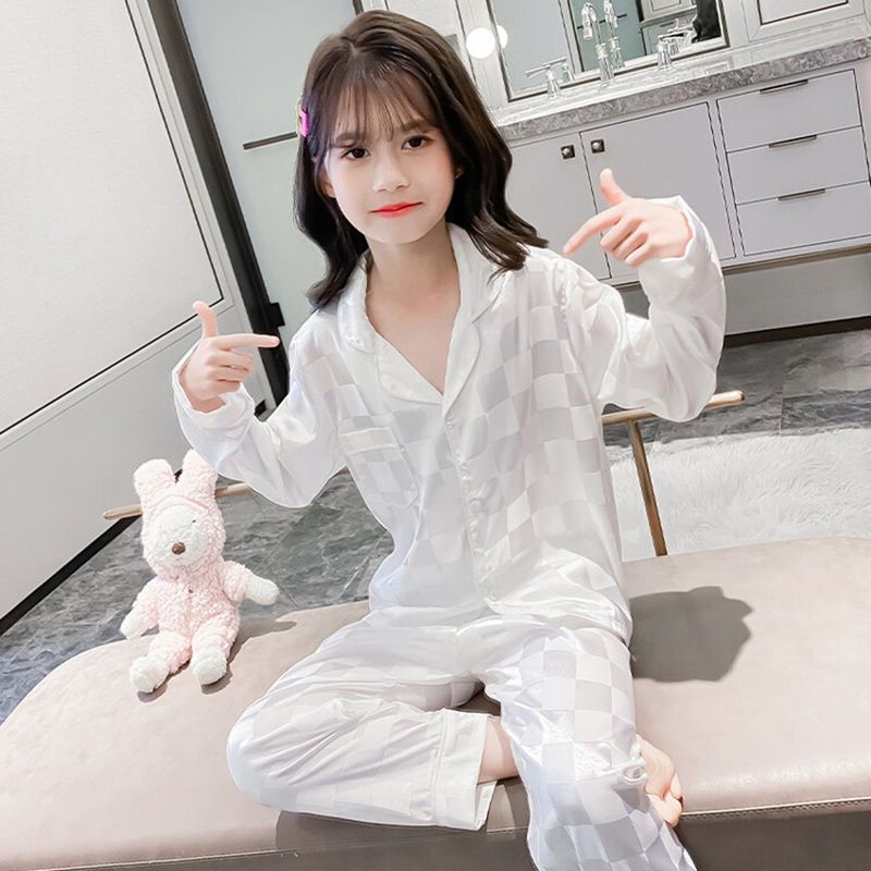 Girls ice silk pajamas thin section short-sleeved summer children's silk home clothes spring and autumn girls silk suits