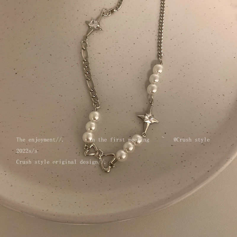 Cool style four awn star Pearl splicing Necklace female Choker design sense high-grade Spice Girl clavicle chain accessories trend