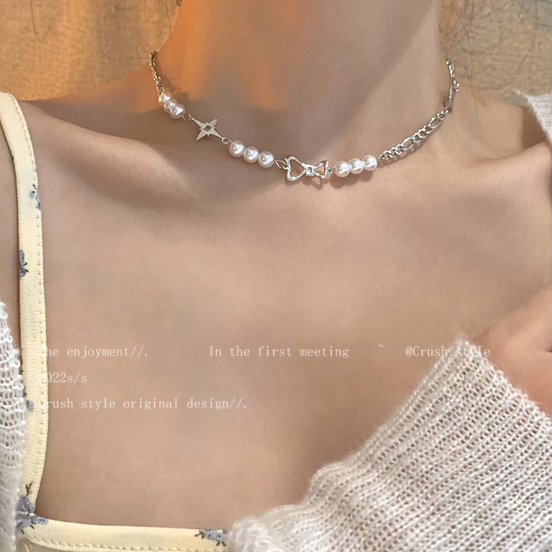 Cool style four awn star Pearl splicing Necklace female Choker design sense high-grade Spice Girl clavicle chain accessories trend