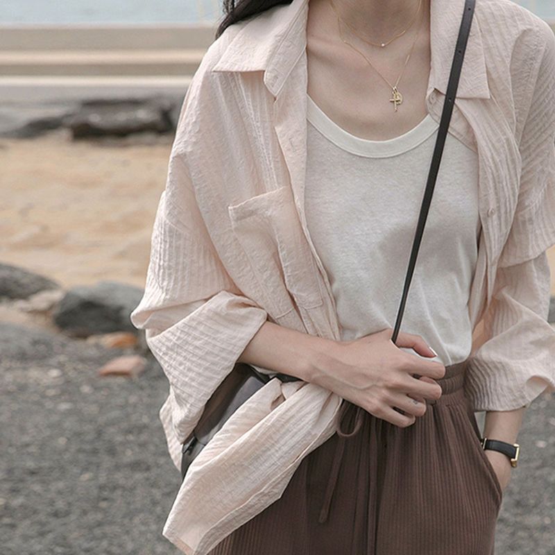 復古港味棉麻襯衫女春夏薄款法式慵懶寬鬆設計感小眾上衣防曬外套