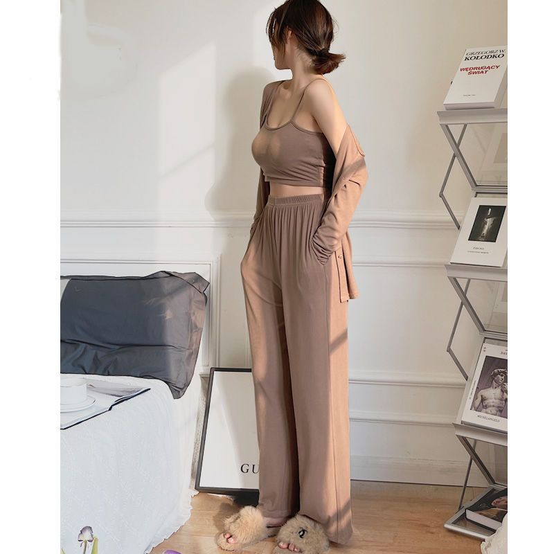 New modal pajamas women's spring and autumn thin long-sleeved three-piece suit with chest pad can be worn outside home clothes summer suit