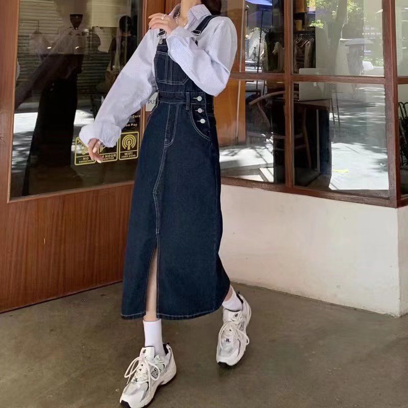 減齡高腰牛仔背帶裙女春秋新款韓版氣質顯瘦大碼開叉吊帶連衣裙子