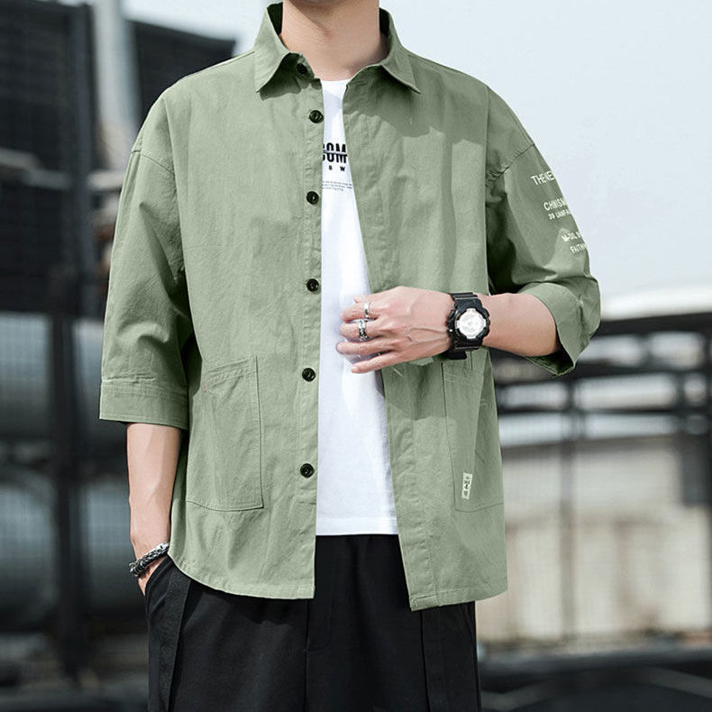 Shirt men's summer thin 3 / 4 sleeve coat casual and versatile loose clothes ruffian handsome fashion work shirt