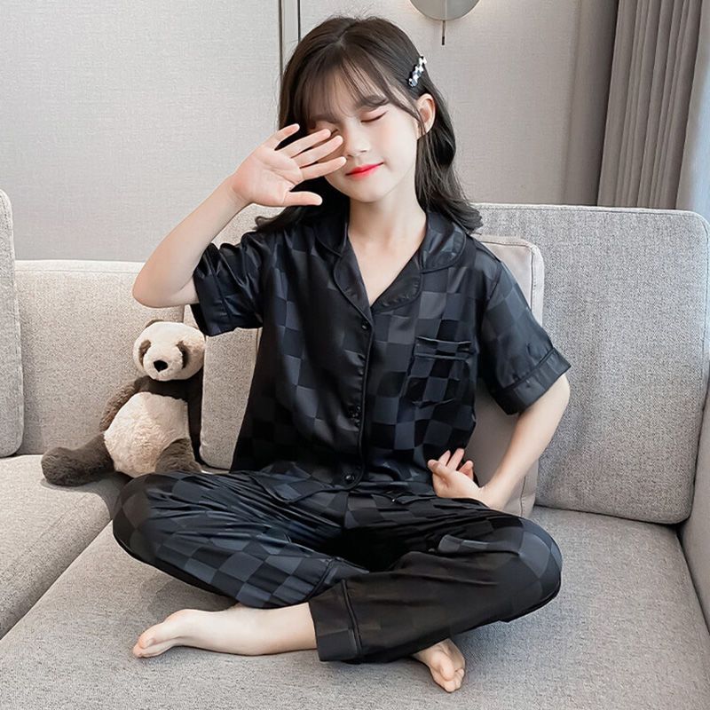 Girls ice silk pajamas thin section short-sleeved summer children's silk home clothes spring and autumn girls silk suits