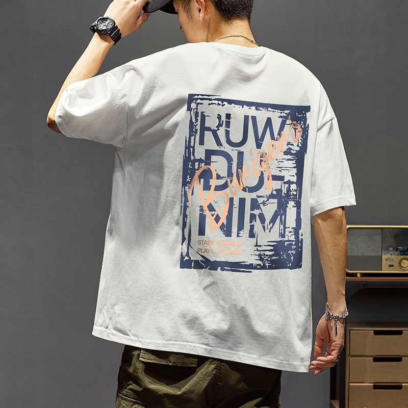 100% cotton short-sleeved t-shirt for men ins fashion brand summer American hip-hop national trend printed loose youth white top