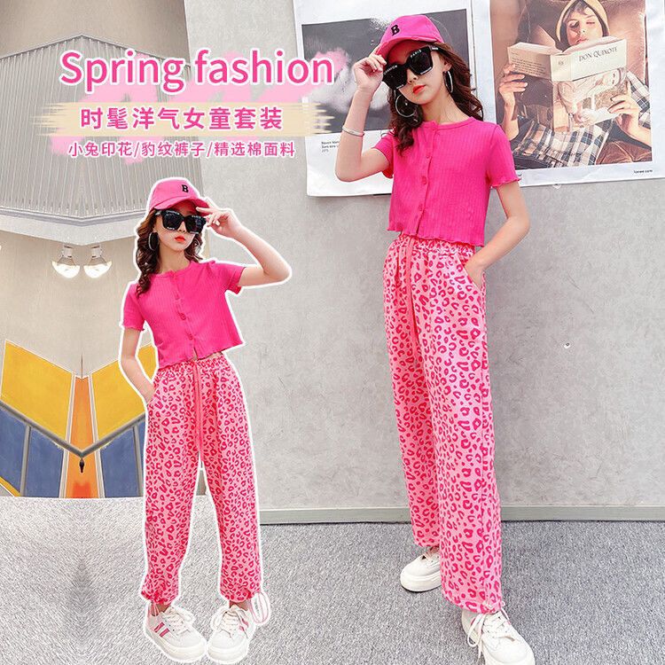 Girls summer casual suit 2022 new foreign style Korean style rose red leopard pants middle and big children fashionable two-piece suit