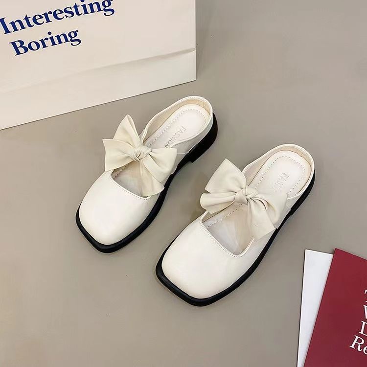2022 new summer French-style Baotou half-up shoes women wear flat bottom bowknot with skirt sandals and slippers Muller shoes